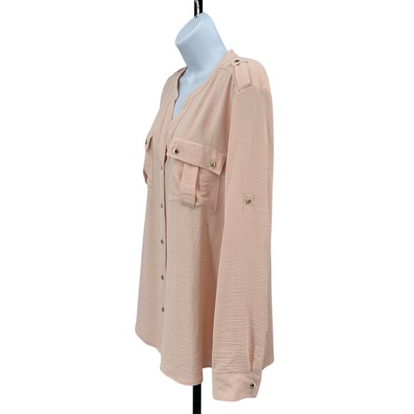 Calvin Klein Shirt WMNS XL Blush Pink Textured Roll Tab Sleeve Button Up Blouse - Picture 5 of 7